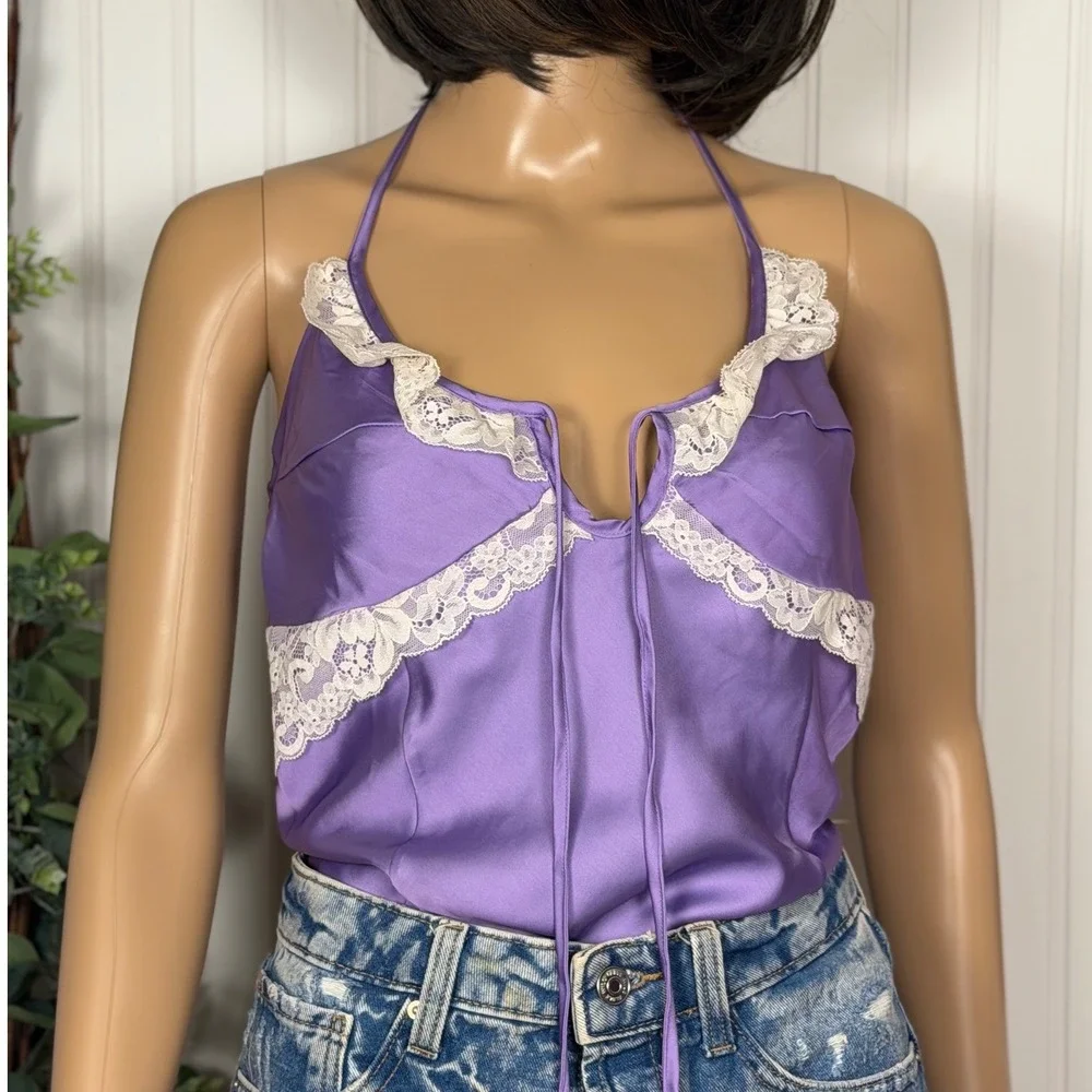 Intimately Free People Bodysuit Womens S Purple Excellent Halter Lace Satin